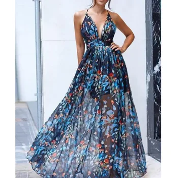 YICIYA 2021 Naujas vasaros paplūdimio suknelė Big v-kaklo Gėlių spausdinti seksualus Backless Šalies stiliaus Aukšto juosmens Šifono suknelė, diržas Tiktų
