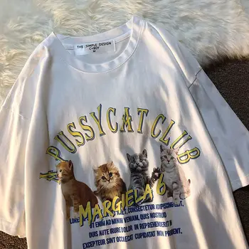Medvilnės Retro T Marškinėliai Moterims Katės Raidėmis Spausdinimo Tshirts Negabaritinių Komfortą Vasaros Tees 2021 Prekės Ženklo Mados Streetwear Mielas Viršūnės