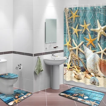Mėlyna Myli Žvaigždė Paplūdimio stiliaus Vandeniui Vonios kambarys Dušo Užuolaidos Tualeto Dangčio Kilimėlis neslidus Kilimas Rinkinys
