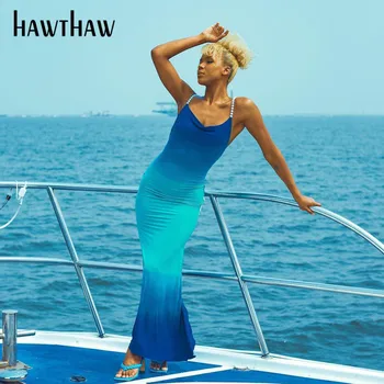 Hawthaw Moterų Berankovis Vasaros Spausdinti Bodycon Paplūdimio Backless Pieštuku Ilga Suknelė Sundress 2021 Moterų Drabužių Streetwear