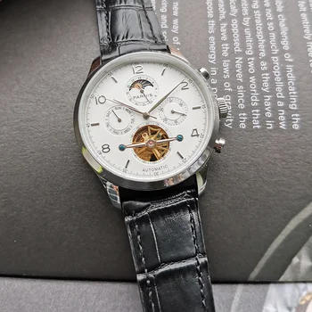 Parnis 43mm Baltoji ryšys Automatinė vyriški Laikrodžiai Mėnulio Fazių Kalendorių Vyrų Laikrodis JHS35 Judėjimo Mechaninė Vyras Laikrodžio dėžutė dovana