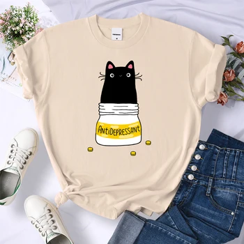 Kailio Antidepresantų Katė Spausdinami T Marškinėliai Moterims Prakaito Brand Tee Drabužiai Laisvi Kasdienių Drabužių Modelis Kvėpuojantis Marškinėliai Moterims