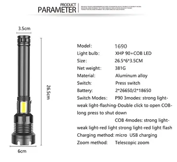 Pocketman XHP90 LED Žibintuvėlis XHP50 XHP70 Žibintuvėlis Taktinis Žibintuvėlis USB Įkraunamas Žibintuvėlis Zoomable Vertus, Šviesos, atsparus Vandeniui