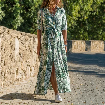 Vasaros Maxi Suknelės Moterims 2021 Ilgomis Rankovėmis Gėlių Spausdinti Boho Suknelė Šifono Mygtuką Atsitiktinis Atostogų Paplūdimio Suknelė Vestidos