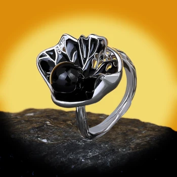 CIZEVA Vintage Black Pearl Sidabro Žiedas Moterims Tuščiaviduriai, Lapai Formos 925 Sidabro Žiedas Kokteilis Piršto Žiedas yra Rankų darbo Emalio