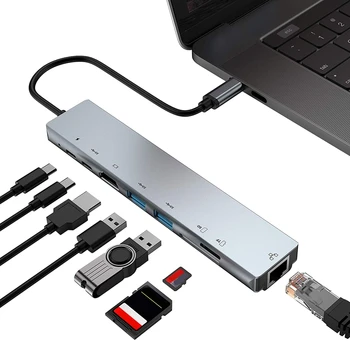 8 1 USB Tipo C Hub Adapterio Tipas-C-HDMI, RJ45 PD Tipo C Hub Splitter