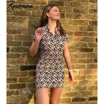 Rockmore Elegantiška Vintage Suknelės Gėlių Spausdinti trumpomis Rankovėmis Mini Suknelė Y2K Moterų Sexy Bodycon Moterų Mados Pavasario Vasaros 2021