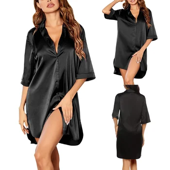 Moterų Kietas Nightgowns Pusės Split Mygtuką Skraiste Pusė Rankovės Šilko Sleepshirts Moterų Nightdress S-XL