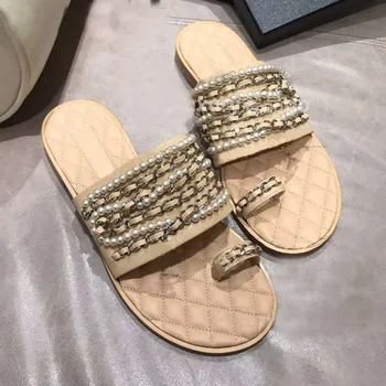 Atsitiktinis Butas Sandalai Skaidres Moterų Vasarą Naujas Mados Išorinis Dėvėti Fifo Metalo Pearl Šlepetės Butas batai Ponios Paplūdimio Bateliai