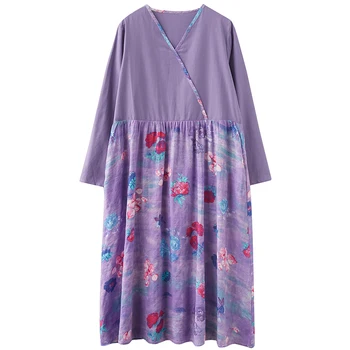 Ilgomis rankovėmis medvilnės skalbiniai derliaus gėlių suknelės moterims atsitiktinis palaidų pavasarį, rudenį suknelė elegantiškas drabužius 2021