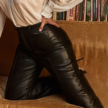 Dirbtiniais PU Odos Kelnės Moterų Laisvalaikio Tiesios Kelnės 2021 Gatvės Clubwear Slim Punk Dizaino Mados Derliaus Kelnės Moteriška