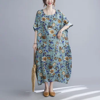 Trumpas rankovės medvilnės derliaus gėlių suknelės moterims atsitiktinis palaidų ilgai moters vasaros paplūdimio suknelė elegantiškas drabužius 2021