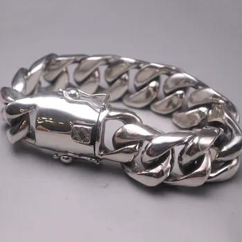Solid S925 Sterling Silver Bracelet Men Luck 22mmW Curb Chain Link Bracelet 7.87inch 215-218g