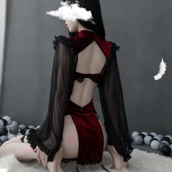 Tamsiai Ragana Vaidmenų Žaidimas Kostiumas Seksualus Tuščiaviduriai Šilko Rankovės Cheongsam Nėrinių Perspektyvos Moteriški Apatiniai Moterų Erotinis apatinis Trikotažas