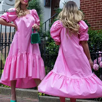 Moterų Retro Ilga Suknelė Kietas Hot Pink Susiėmę Trumpas Rankovės Kvadratinių Kaklo Prarasti Suknelė Rudenį Elegantiškas Inregular Suknelės Vestidos