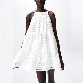 ZA Vasarą Moterys ažūrinės figūrinių Siuvinėti Suknelė 2021 Rankovių Reguliuojamas Susieta Diržai Mini Suknelės Moterų Siuvinėjimo Šalis Suknelė