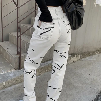 Rockmore Spausdinti Moterų Džinsus Baggy Krovinių Kelnės Mama Aukšto Juosmens Tiesiai Džinsinio audinio Kelnės Y2K Derliaus korėjos Streetwear Balta 2021