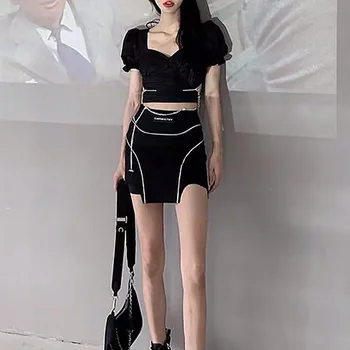 Juodos spalvos Gotikos Seksualių Moterų Marškinėliai 2021 M. Vasarą Hipster Lady Sluoksniuotos Trumpas Rankovės ilgis Tuščiaviduriai Iš Aikštės Apykaklės, Zip Marškinėlius Goth Viršų