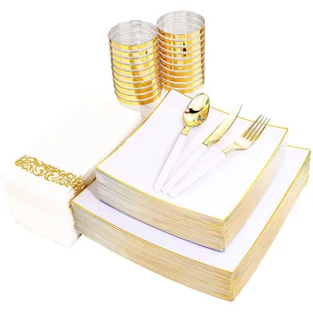 50 Vienetų, Vienkartiniai Indai, Baltu kvadratu Su Aukso Ratlankio Plastiko Plokštės Su Disponuojamų Sidabro Vestuvės Prekes