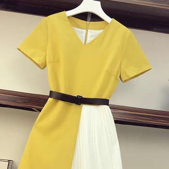 5XL Plius Dydžio Moterims, Elegantiška Geltona Suknelė Vasaros 2021 korėjos Mados V-kaklo trumpomis Rankovėmis Kratinys Šifono Plisuotos Ponios Suknelės