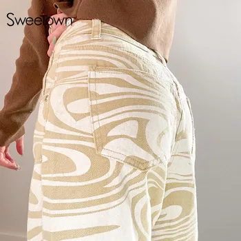 Sweetown Derliaus 90s Streetwear Krovinių Kelnės Moterims Y2K Estetinės Juostele Tiesios Kojos Kelnės Mažas Juosmens Hipių Baggy Poilsiu
