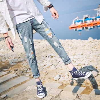 Vasaros nauji vyriški spalvos juostele skylę džinsai korėjos plonas kojos kulkšnies ilgis Džinsinio džinsus paauglių hip-hop kaubojus vyriškos kelnės