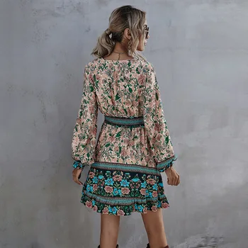 2021 m. Pavasarį Moterys Aukšto Juosmens Susiėmę Mini Suknelė Atsitiktinis Lady-line V-kaklo Imperija Suknelė Bohemijos Spausdinti ilgomis Rankovėmis Vestido