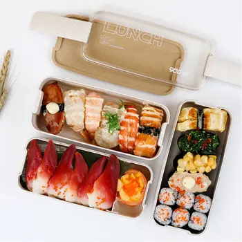 Virtuvės Reikmenys 900ml Sveikas Medžiagos Bento Box 3 Pakopos Kviečių Šiaudų Bento Box Mikrobangų krosnelė, Indai Maisto produktams laikyti Lauke Bento Dėžutė