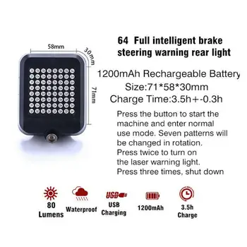 64 LED Dviračio Galinio vaizdo Šviesos, atsparus Vandeniui Automatinis posūkio USB Įkrovimo Dviračių užpakalinis žibintas Dviračių Saugos Įspėjamoji Lemputė