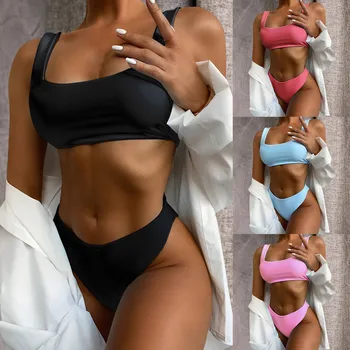 Brazilijos Bikini 2021 Moterų Sexy Aukštos Sumažinti Aukšto Juosmens Paprasto Paplūdimio maudymosi kostiumėlį, dvipusės Vasaros maudymosi Kostiumėliai, Paplūdimio Maudymosi Kostiumas