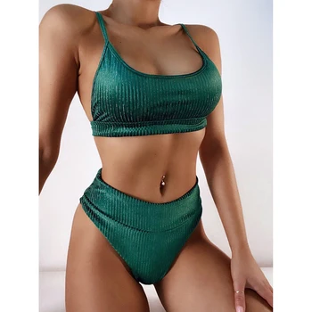 2021 Vasaros Moterų Bikini Moterų Maudymosi Kostiumėlį Ponios Padalinta Bikini Vientisos Spalvos Aukštos Juosmens Paplūdimio Low-Cut China Green Bikini Maudymosi Kostiumėliai