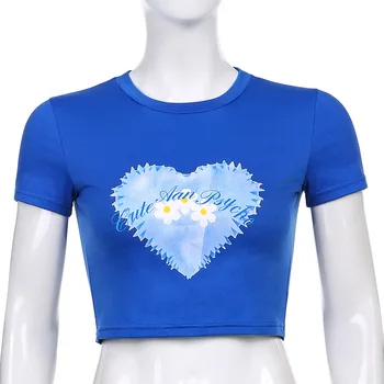 Mados Y2k Print T-Shirt Juoda Širdies Modelis StreetwearTee Saldus Viršų Moteris Vasarą Harajuku Trumpas Rankovės Tees Mergaitėms 2021