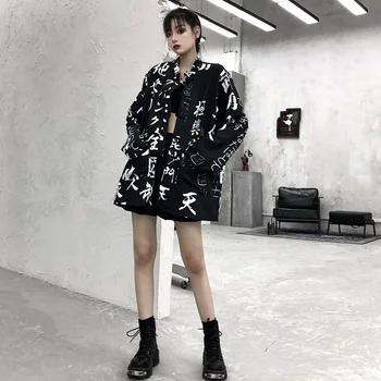 Lady Prarasti Derliaus Ilgomis Rankovėmis Vieną Krūtinėmis Streetwear Viršuje Harajuku Moterų Kietas Kinijos Simbolio, Marškinėliai, 2021 M. Pavasarį