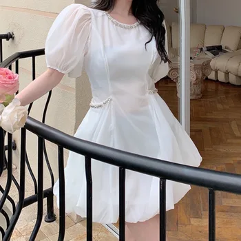 Gatvės Stiliaus Mados Deimantai Akių Burbulas Rankovės Baltas Mini Suknelės Vasarinės Aukštos Kokybės Derliaus Slim Juoda Suknelė Vestidos 2021