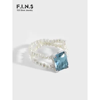F. I. N. S Korėjos Prabangus Dizainas Autentiški S925 Sterlingas Sidabro Žiedai Mėlyna Cirkonis Gėlavandenių Perlų Rankų Darbo Moteriška Sluoksnis Perlų Žiedas