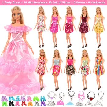 Barbie Drabužių 33 Straipsniai/set= 1 Ilga Suknelė + 10 Trumpą Suknelę + 10 Batai + 12 Lėlės Priedai Dovana Barbie Accesorios