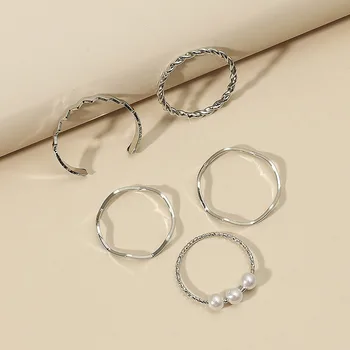 Cyrus 2021 Geometrinis Žiedas Rinkinys Moterims Mergina 5VNT Aukso Metalo korėjos Žiedai Gotikos Perlas Žiedai Madingų Papuošalų Didmeninė