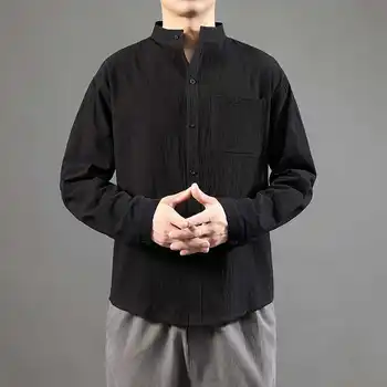 Hybskr Japonijos Vyrų Atsistoti Apykaklės Marškinėliai 2021 Medvilnės Skalbiniai Vyras Negabaritinių Palaidinės, Topai Harajuku Vyrų Atsitiktinis ilgomis Rankovėmis Marškinėliai