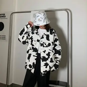 Moterys Karvės Print Single Krūtinėmis Striukė Džinsinio Striukė 2021 M. Pavasarį, Rudenį Indie Korėjos Derliaus Streetwear Laisvi Naujas Plus Size Paltai