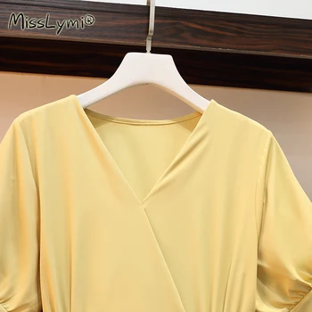 4XL Plius Dydis Moterų, Geltonos spalvos Elegantiškas Deformuoti Suknelė Vasaros 2021 korėjos Mados V-kaklo Sluoksniuotos Rankovėmis Ponios-Line Split 