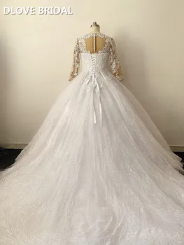 Sparkle Kamuolys Suknelė Vestuvių Suknelė Ilgomis Rankovėmis Blizgučiais Nėrinių Nuotakos Suknelės, Naują Atvykimo Kolekcijos Realios Nuotraukos