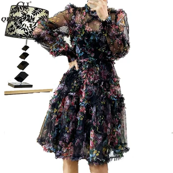 Qian Han Zi Mados Vasaros Moterų Suknelė 2021 m. derliaus Tinklinio spausdinimo Elegantiškas Pynimas Flounced krašto slim suknelė