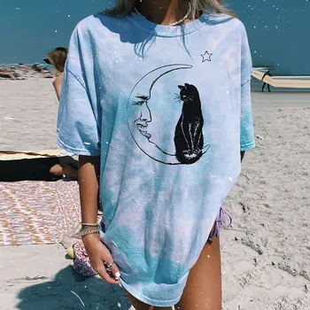 Grafinis Palaidinė Moteris Saulė Ir Mėnulis Spausdinti O-kaklo Prarasti Long Sleeve T-shirt Viršūnes Moterų 2021 Atsitiktinis trumpomis Rankovėmis Viršūnes Palaidinė#f35