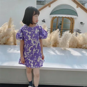 2021 m. pavasario ir vasaros vaikų drabužiai mergaitėms suknelė violetinė gėlių suknelė vaikams apsirengti baby girl drabužiai