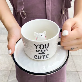 Katė kavos puodelio plokštė Mielas keramikos taurė Cartoon kūrybos Taurės restoranas pieno arbata pusryčiai taurės studentų dovana Taurė