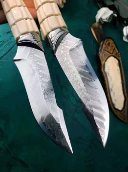 Medžioklės peilis rankų darbo Damasko plieno elnių ragai fiksuotu taktinis peilis su apvalkalu išgyvenimo Bushcraft peilis kempingas įrankis