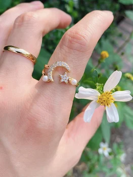 10vnt Beautifu populiarus žiedo aukso spalvos žiedas crystal pearl nutiesti žiedai širdies mėnulio formos moterų, mergaičių papuošalai, dovanos