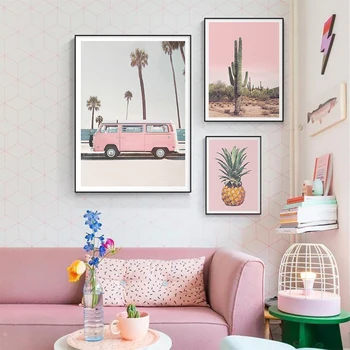 Modulinė Rožinė Automobilių Art Nuotraukų, Pink Gėlių Meno Drobė Sienos Milteliai Paveikslai Spausdinti Plakato Kambarį Namų Puošybai Be Rėmelio