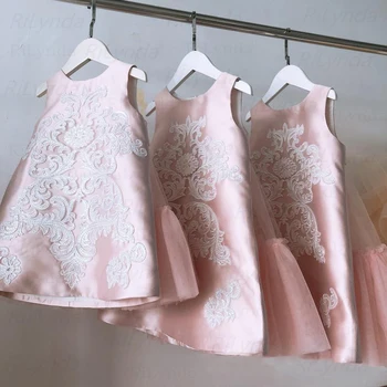 Naujas Persikų Pink Gėlių Mergaičių Suknelės, Vestuvių Duobute Backless Mergina Gimtadienio Vakarą Tiulio Suknelė Princesė Kamuolys Suknelė