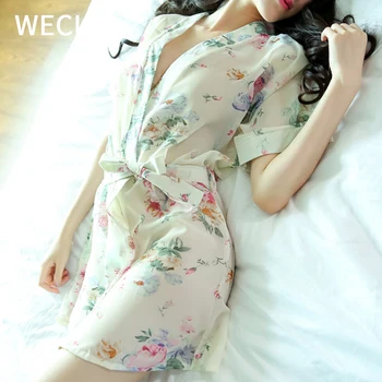 WECI Moterys Vasarą Nightie Pyjama Dress Satino Kimono Šilko Seksualus moteriškas chalatas Pižamą Chalatai Namų Pižama Moterų Lounge Naktį Nešioti